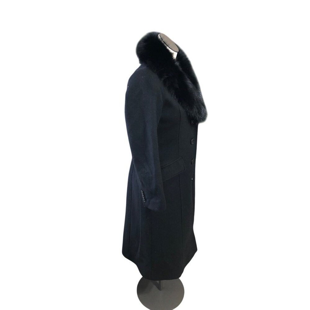 Sachi Coat Long Black Wool Cashmere Womens 2P Fox Fur Button Elegant Seams - Picture 5 of 16